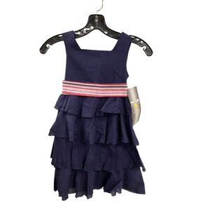 Girls Navy Blue Ruffle Dress By Llum With Red & White Striped Sash Tie Back Size